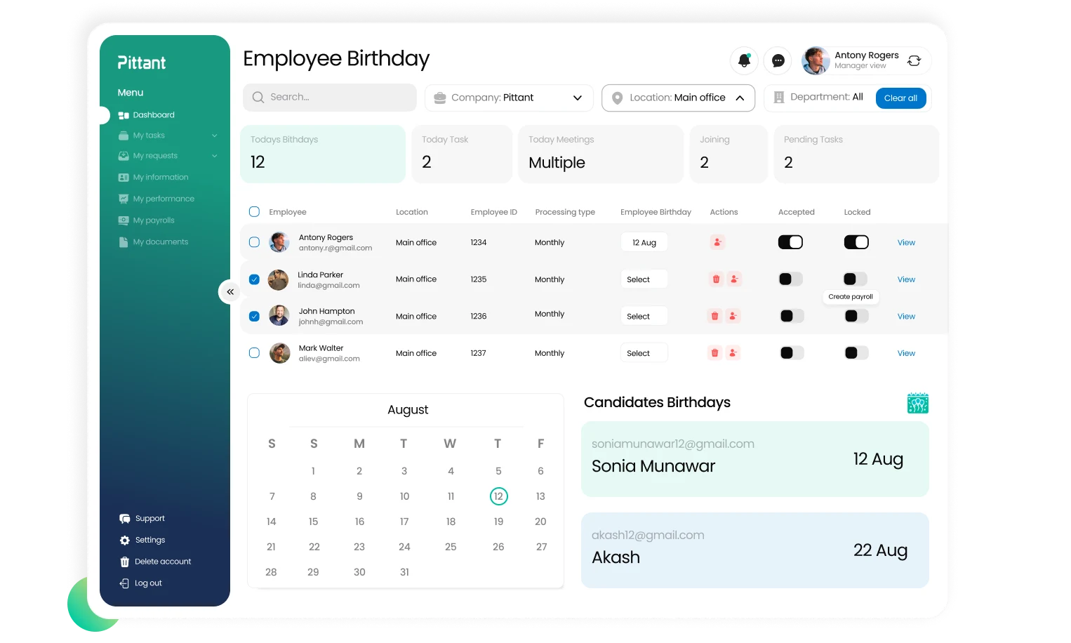 Personalized Employee Birthday Reminders on Pittant Dashboard